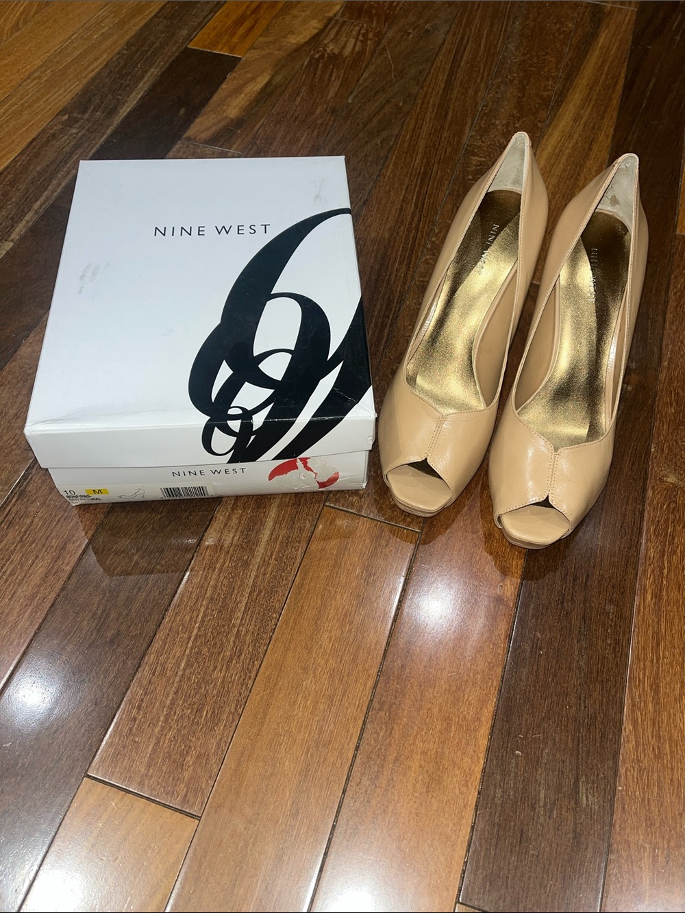 Nine West Beige Leather Peep-Toe Heels